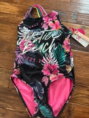 Girls' Justice Black Tropical Floral One-Piece Swimsuit - Pink Accents 12/14 NWT